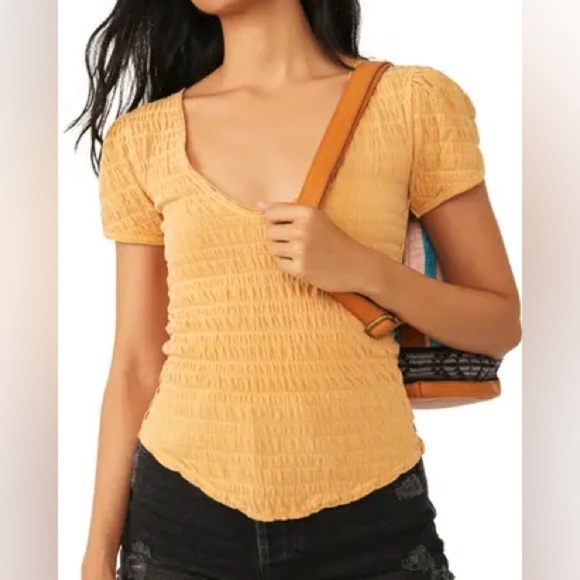 We the Free  Free People Mustard Smocked V-neck Stretch Top  textured XS - Picture 1 of 6